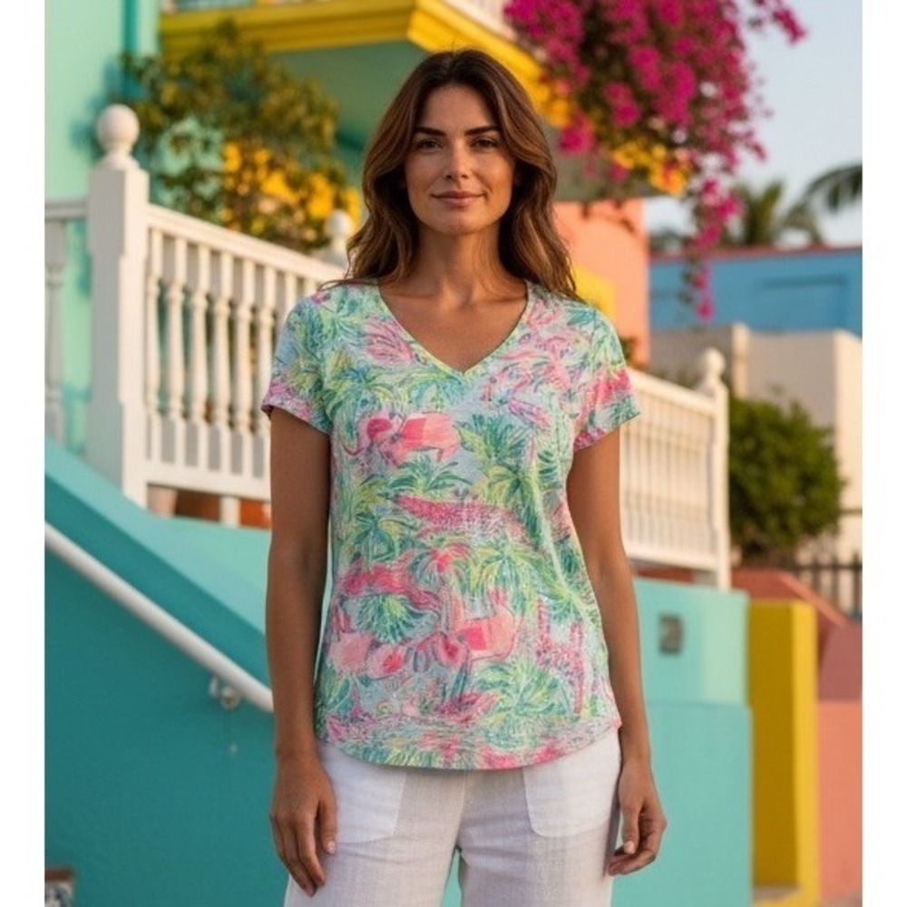 New Women's Lilly Pulitzer Top Pink Flamingo‎ on Paradise size 2XS XXs